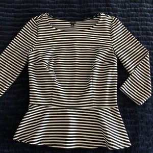 Ann Taylor long sleeve tailored peplum top, black and white striped SZ M